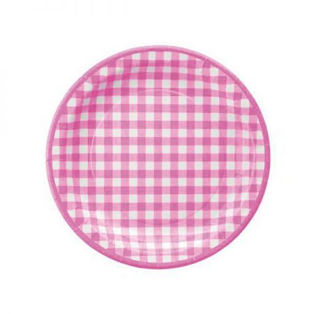 assiete ronde en carton a carreaux rose et blanc 23 cm 